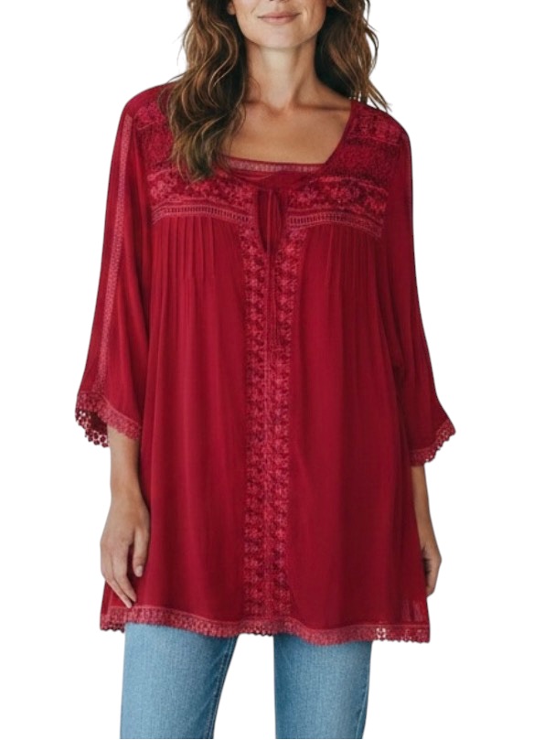 Johnny Was Elegant 100% Cupra Embroidered Tunic Coverup Blouse In Xl Cherry Red